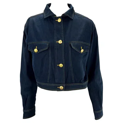 Pre-owned Versace S/s 1992 Gianni  Navy Denim Medusa Cropped Jacket It44 In Blue