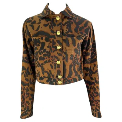 Pre-owned Versace S/s 1992 Gianni  Runway Brown Cheetah Print Denim Medusa Cropped Jacket