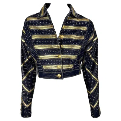 Pre-owned Versace S/s 1992 Gianni  Runway Studded Gold Metallic Leather Cropped Jacket In Black