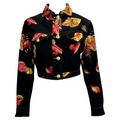 Pre-owned Versace S/s 1992 Gianni  Seashell Print Black Denim Medusa Cropped Runway Jacket
