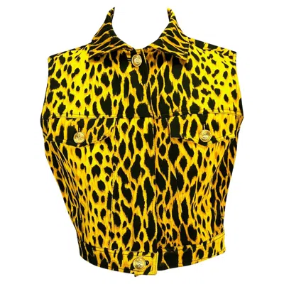 Pre-owned Versace S/s 1992 Gianni  Yellow Leopard Print Medusa Button Zip Vest Top It40