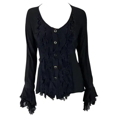 Pre-owned Versace S/s 1993 Gianni  Black Bohemian Ruffle Button Runway Down Top 40it/6us