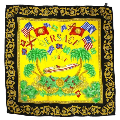 Pre-owned Versace S/s 1993  Sport By Gianni Miami Print Silk Square Scarf In Yellow
