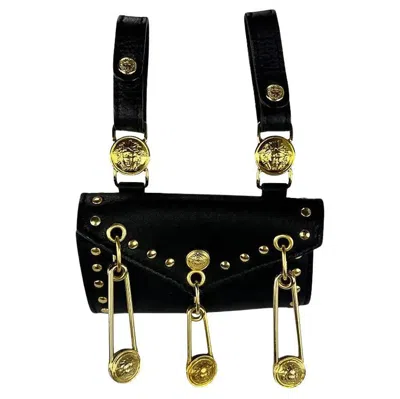 Pre-owned Versace S/s 1994 Gianni  Black Leather Gold-tone Safety Pin Belt Mini Bag Pouch