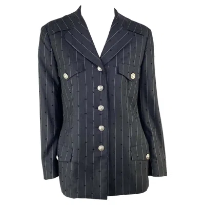 Pre-owned Versace S/s 1994 Gianni  Couture Perforated Punk Pinstripe Medusa Wool Blazer In Black