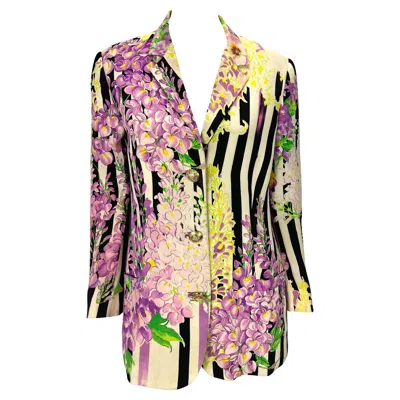 Pre-owned Versace S/s 1994 Gianni  Couture Purple White Floral Silk Printed Blazer Jacket