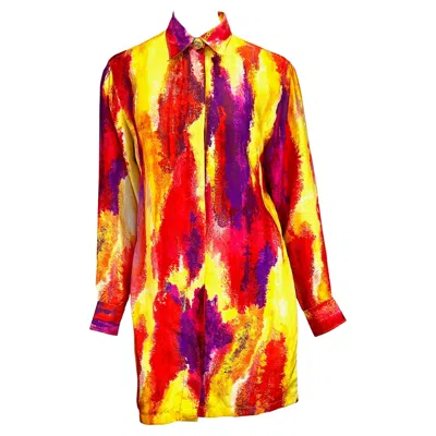 Pre-owned Versace S/s 1994 Gianni  Couture Red Orange Watercolor Button Down Shirtdress