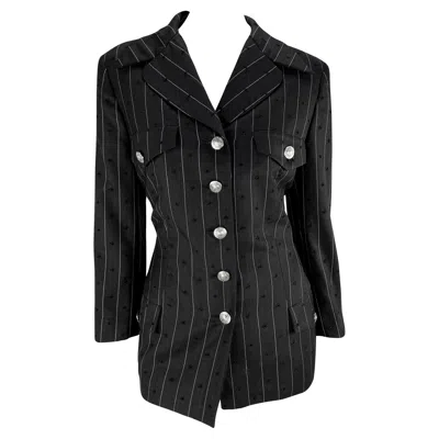 Pre-owned Versace S/s 1994 Gianni  Eyelet Cutout Pinstripe Medusa Pocket Blazer Jacket In Black