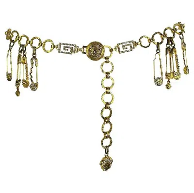 Pre-owned Versace S/s 1994 Gianni  Gold Tone Rhinestone Safety Pin Medusa Chain Belt