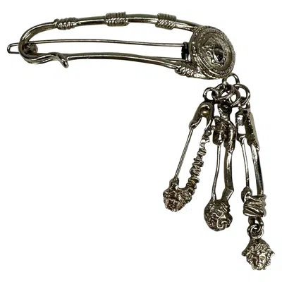 Pre-owned Versace S/s 1994 Gianni  Silver Tone Safety Pin Medusa Pendent Hair Clip In Black