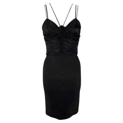 Pre-owned Versace S/s 1995 Gianni  Black Ruched Bodyon Stretch Leather Strap Mini Dress