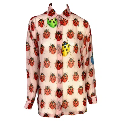 Pre-owned Versace S/s 1995 Gianni  Couture Sheer Pink Ladybug Print Medusa Button Blouse