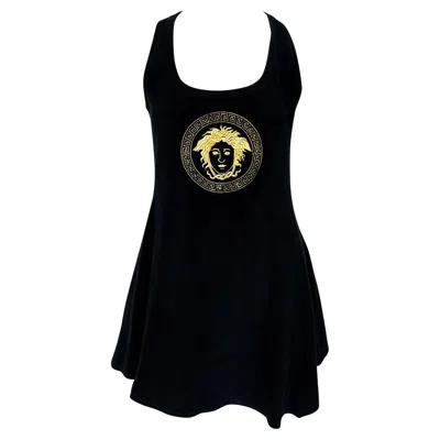 Pre-owned Versace S/s 1995 Gianni  Medusa Embroidered Terry Cloth Black Flare Mini Dress