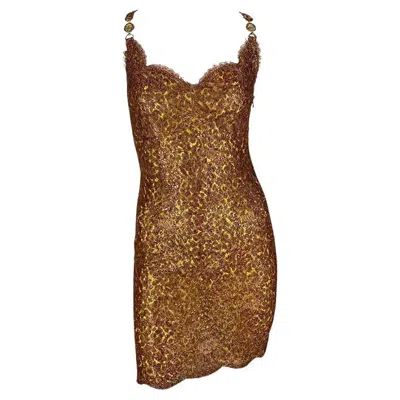 Pre-owned Versace S/s 1996 Atelier  Haute Couture Copper Lace Leopard Rhinestone Mini Dress In Brown