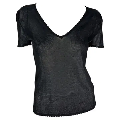 Pre-owned Versace S/s 1997 Gianni  Scallop Knit Sheer Viscose V-neck Black Sweater Top