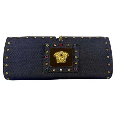 Pre-owned Versace S/s 2000 Gianni  By Donatella Ad Denim Medusa Jewel Clutch In Black