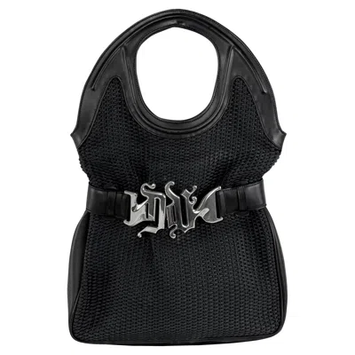 Pre-owned Versace S/s 2003 Gianni  By Donatella Oversized Monogram Buckle Woven Black Tote