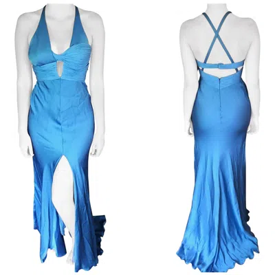 Pre-owned Versace S/s 2004 Bustier Open Back High Slit Blue Dress Gown