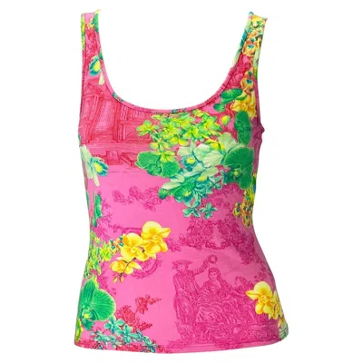 Pre-owned Versace S/s 2004  By Donatella Neon Pink Orchid Print Stretch Viscose Tank Top In Purple