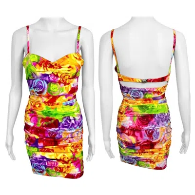 Pre-owned Versace S/s 2005 Bustier Bra Floral Print Bodycon Ruched Dress In Sand