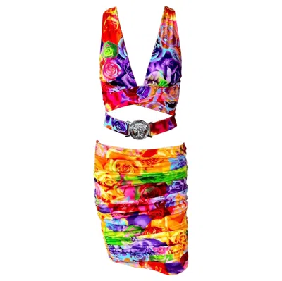 Pre-owned Versace S/s 2005 Logo Embellished Belted Wrap Crop Top & Skirt 2 Piece Set In Sand