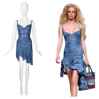 Pre-owned Versace S/s 2005 Metallic Denim Trompe Loeil Blue Mini Drape Dress