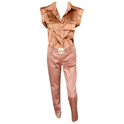 Pre-owned Versace S/s 2005 Runway Blouse Shirt Top & Medusa Logo Belted Pants 2 Piece Set In Brown