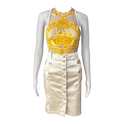 Pre-owned Versace S/s 2005 Runway Sheer Bodysuit Top & Skirt 2 Piece Set Ensemble In Sand