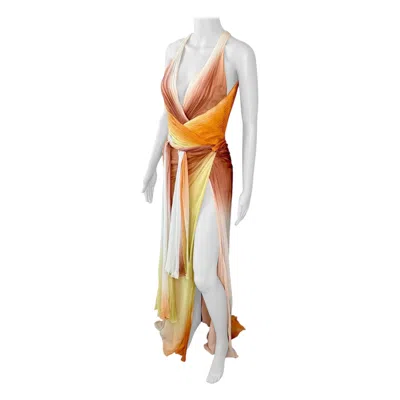 Pre-owned Versace S/s 2006 Runway Plunging Backless High Slit Ombre Evening Dress Gown In Beige