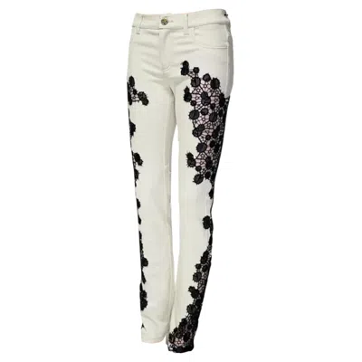 Pre-owned Versace S/s 2013 Look # 19  Beige Jeans W/ Black Lace Pannel Size 26