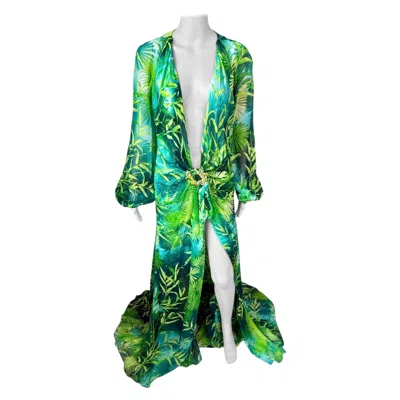 Pre-owned Versace S/s 2020 Embellished Plunging Jungle Print Silk Evening Dress Gown In Green