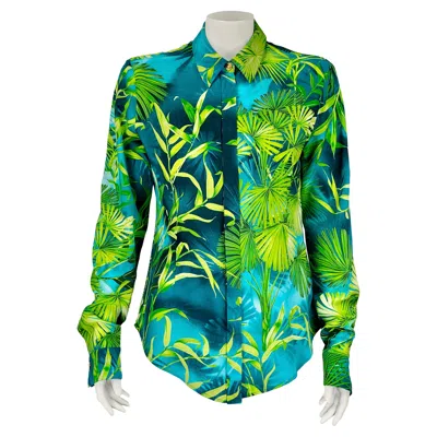 Pre-owned Versace S/s 2020 Silk Shirt Jungle In Blue
