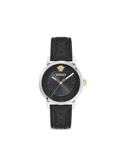 Versace Albireo Leather Watch In Black