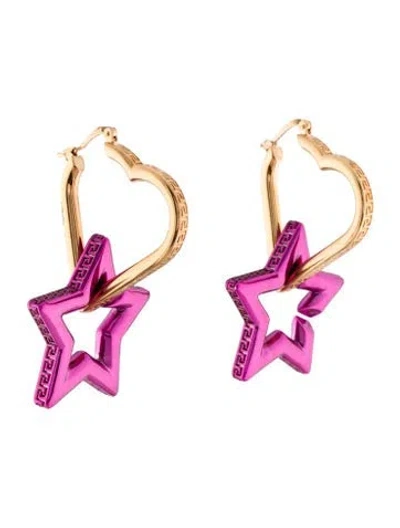 Pre-owned Versace Star & Heart Drop Hoop Earrings In Multi