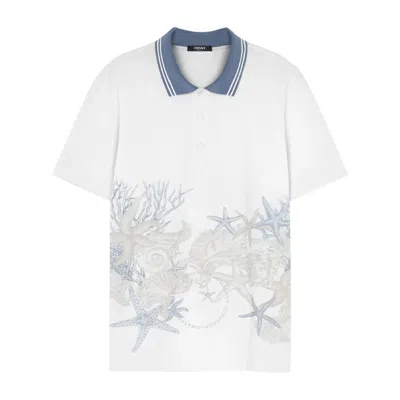 Versace Starfish Print Cotton Polo Shirt In White