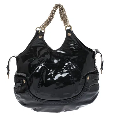 Versace Stitches Patent Leather Chain Shoulder Bag In Black
