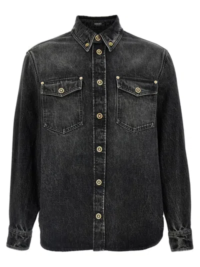 Versace Stonewash Cotton Denim Shirt In Black