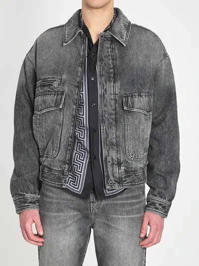 Versace Stone-wash Denim Bomber Jacket In Gray