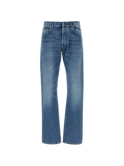 Versace Stone-washed Denim Pants In Non-stretch Fabric In Blue