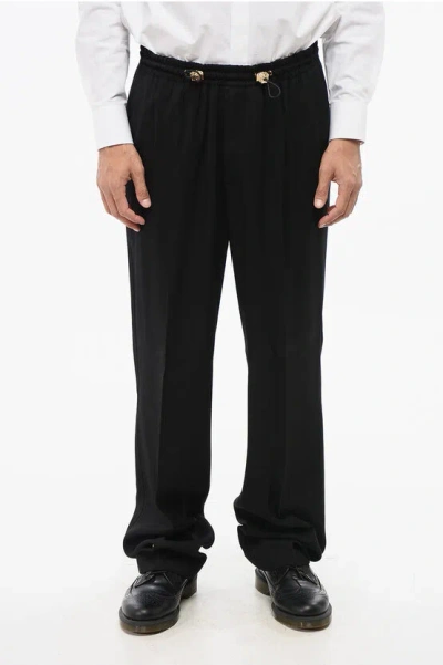 Versace Straight Leg Pants With Elastic Waistband And Golden Medusa In Black