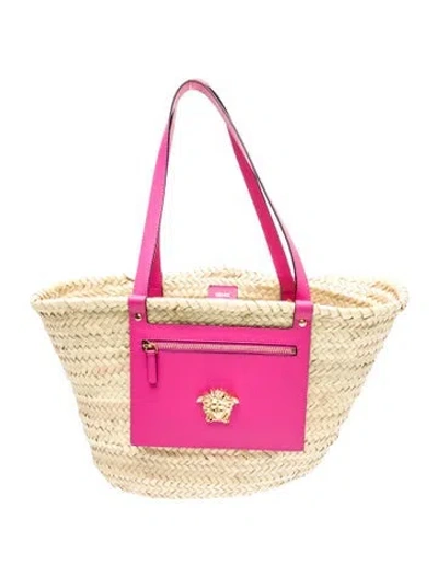 Pre-owned Versace Straw Tote In Pink