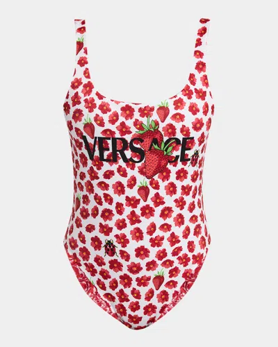 Versace Strawberry Garden Barocco Reversible One-piece Swimsuit In Multi