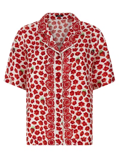Versace Strawberry Garden Print Silk Twill Shirt In Red