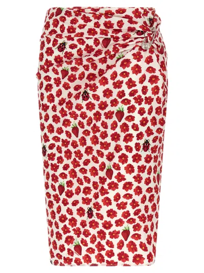 Versace White & Red Strawberry Garden Midi Skirt In Multi