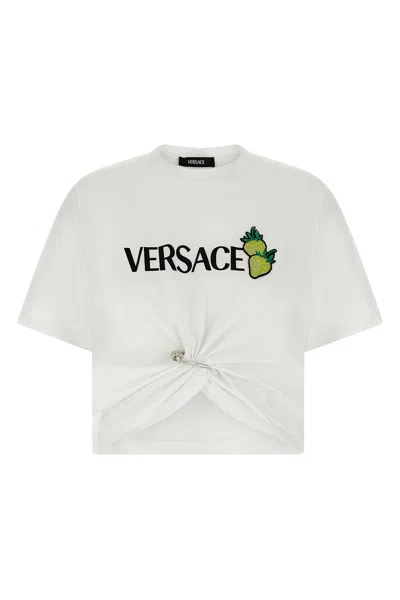 Versace Strawberry Garden Safety Pin Cropped T-shirt In White