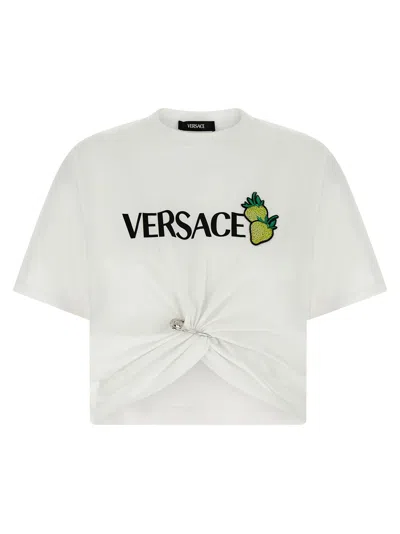 Versace Strawberry Garden Safety Pin Cropped T-shirt In White