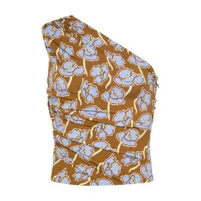 Versace Strech Crepe Jersey Print Poppies Allover Top In Brown