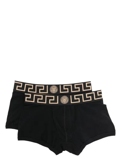 Versace Stretch Cotton Boxer Shorts With Greek Motif In Black Gold