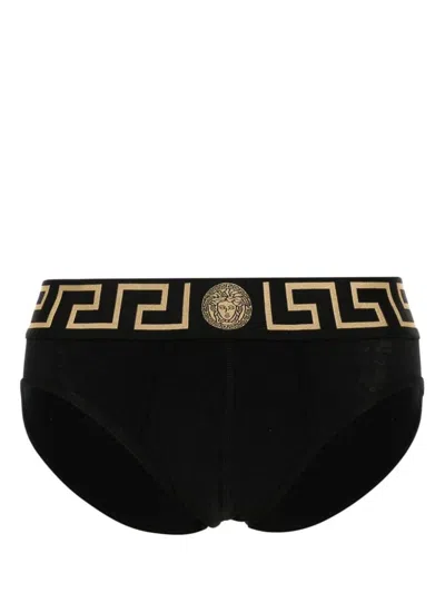 Versace Stretch Cotton Boxer Shorts With Greek Motif In Black