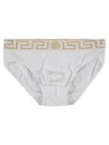 Versace Stretch Cotton Boxer Shorts With Greek Motif In White/greek Gold
